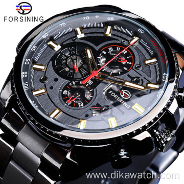 Top Brand Luxury Forsining Watch Three Dial Calendar Display Black Stainless Steel Men Automatic Wrist Watch Military Sport